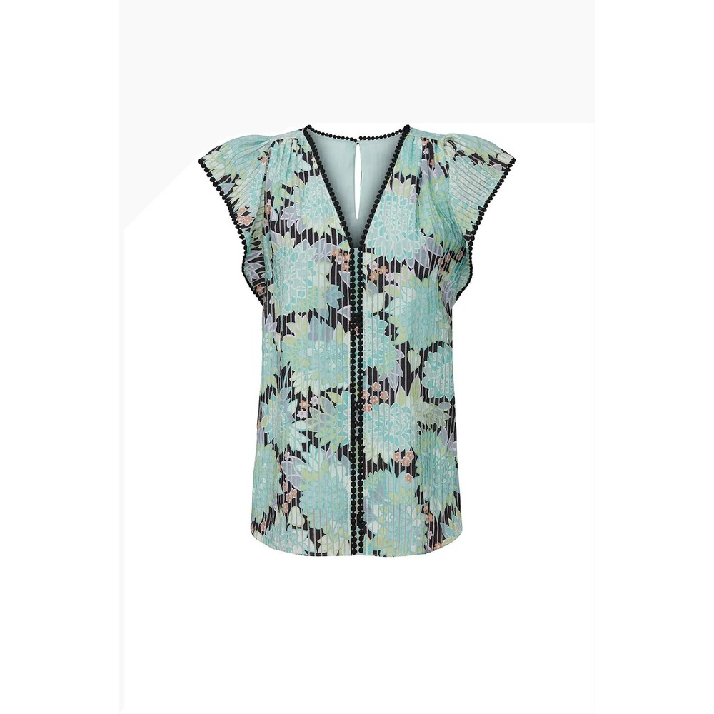 Kate Spade New York Floral Pleated Flutter Sleeve Pom Pom Trim Top Mint Green S